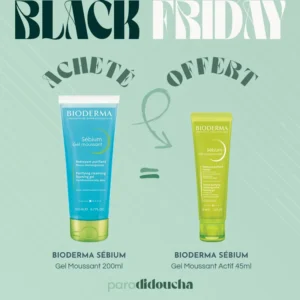 Photo du flacon de Sébium Gel Moussant Bioderma 200ml à côté du tube de SÉBIUM Gel Moussant Actif 45ml OFFERT.
