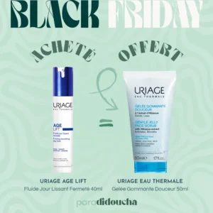 Photo du tube de Fluide Jour Lissant Fermeté Uriage AGE LIFT 40ml à côté du tube de Gelée Gommante Douceur Uriage 50ml OFFERTE.