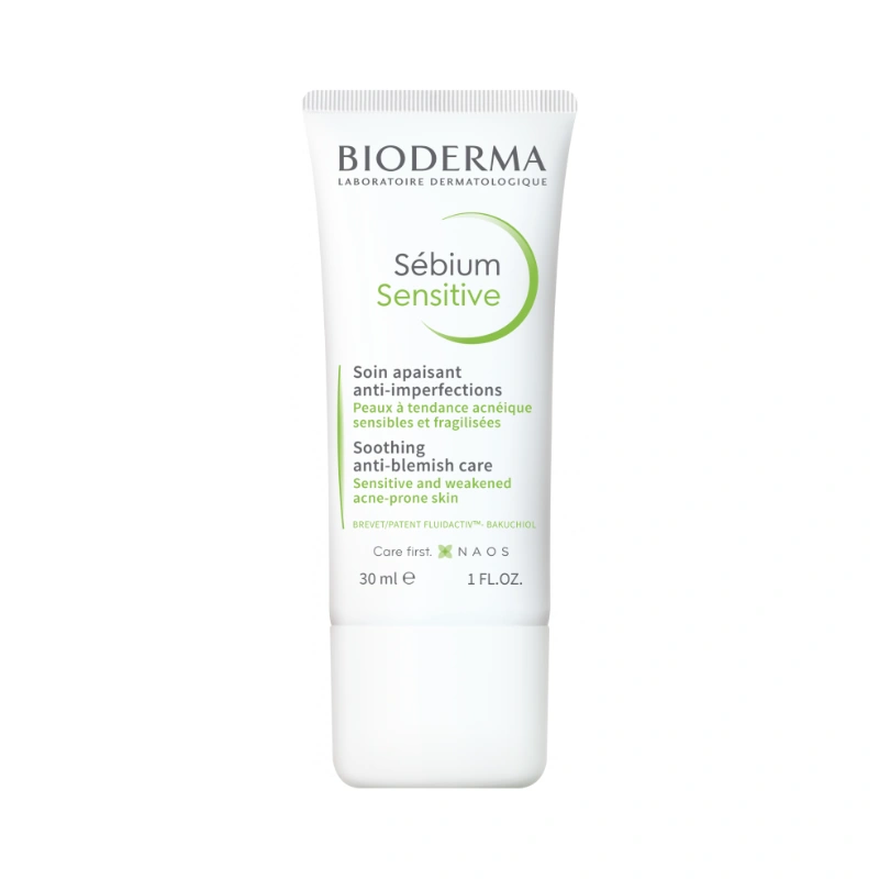 Photo du tube de Sébium Sensitive Soin Apaisant Bioderma 30ml à côté du tube de SÉBIUM Gel Moussant Actif 45ml OFFERT.
