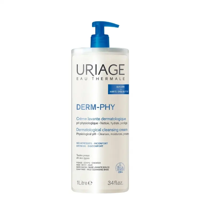Uriage Derm-Phy Crème Lavante Dermatologique 1L flacon pompe creme lavante surgrasse nettoyante visage corps famille