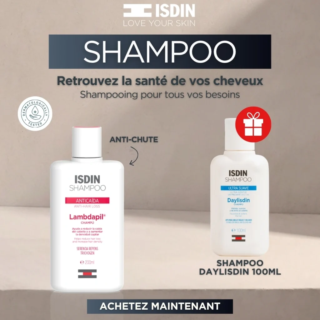Photo des deux flacons de shampoing ISDIN : Lambdapil Anti-chute 200ml et Daylisdin Usage Fréquent 100ml format voyage OFFERT.