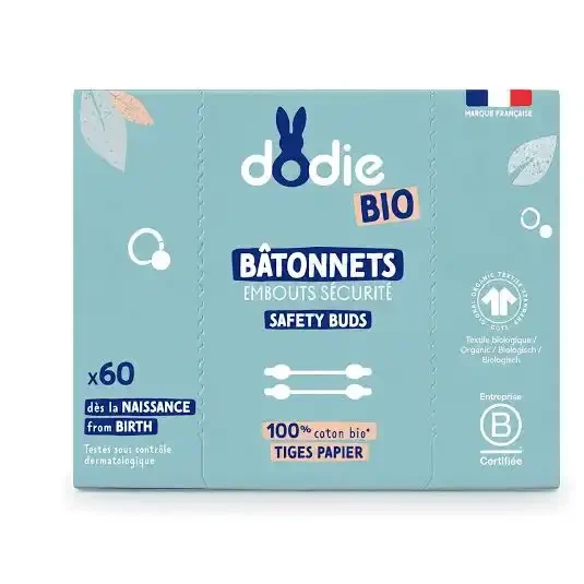 Dodie Coton tiges avec embout sécurité 100% Coton Bio X60