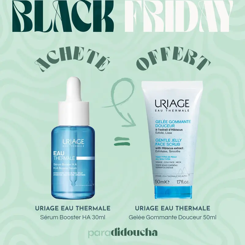 uriage-serum-booster-ha-gommage-douceur-offert Photo du flacon de Sérum Booster HA Uriage Eau Thermale 30ml à côté du tube de Gelée Gommante Douceur Uriage 50ml OFFERTE.