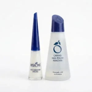 Coffret Herôme Pack Durcisseur Fort pour ongles abîmés et son Dissolvant Soignant doux sans acétone.