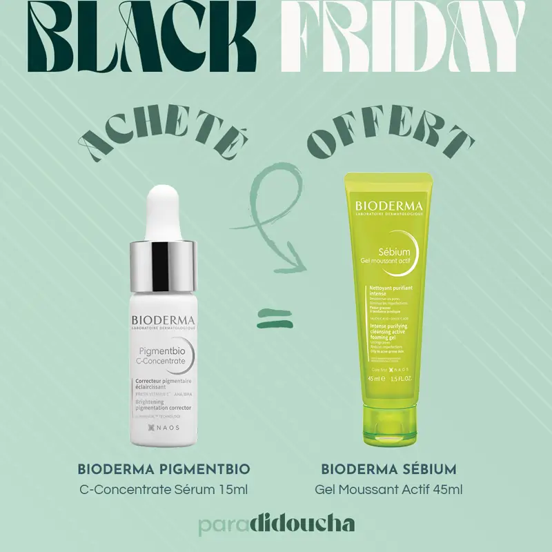 Photo du flacon de sérum Bioderma PIGMENTBIO C-Concentrate 15ml à côté du tube de SÉBIUM Gel Moussant Actif 45ml OFFERT.