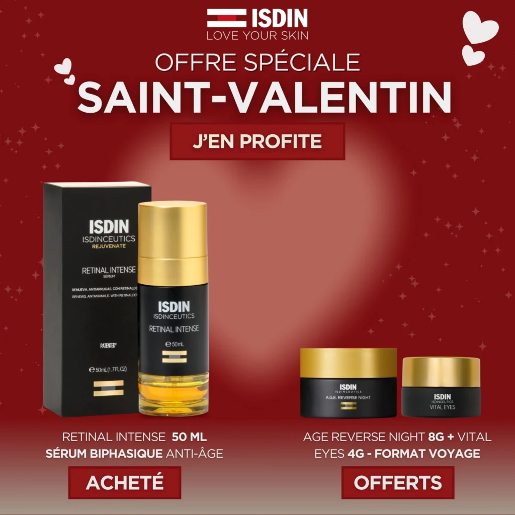 Photo du flacon de Sérum Retinal Intense 50ml ISDIN Isdinceutics posé devant la Vanity Case rigide OFFERTE.