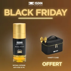 Photo du flacon de Sérum Retinal Intense 50ml ISDIN Isdinceutics posé devant la Vanity Case rigide OFFERTE.