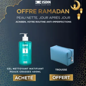 Photo du grand flacon ISDIN Acniben Gel Nettoyant Matifiant 400ml à côté du petit flacon d'Eau Micellaire 4-en-1 100ml format voyage OFFERTE.