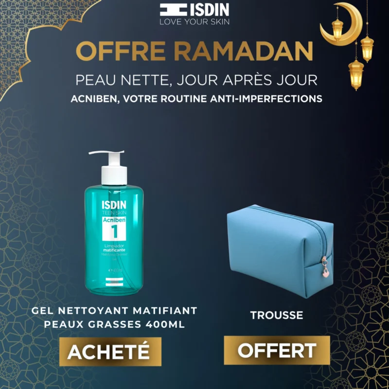 isdin-acniben-gel-nettoyant-400ml-micellaire-voyage-offert Photo du grand flacon ISDIN Acniben Gel Nettoyant Matifiant 400ml à côté du petit flacon d'Eau Micellaire 4-en-1 100ml format voyage OFFERTE.