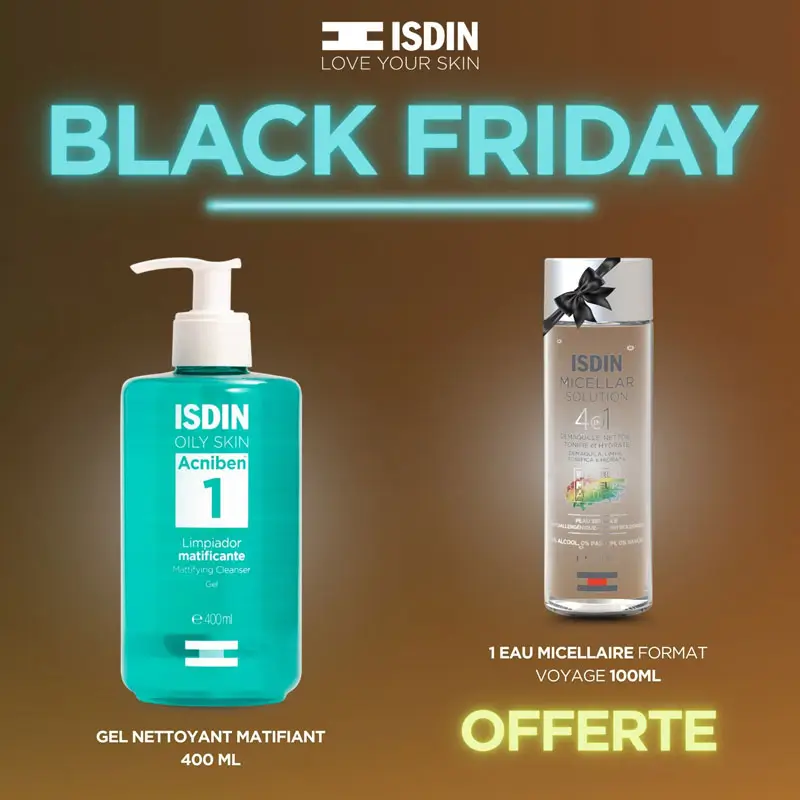 Photo du grand flacon ISDIN Acniben Gel Nettoyant Matifiant 400ml à côté du petit flacon d'Eau Micellaire 4-en-1 100ml format voyage OFFERTE.