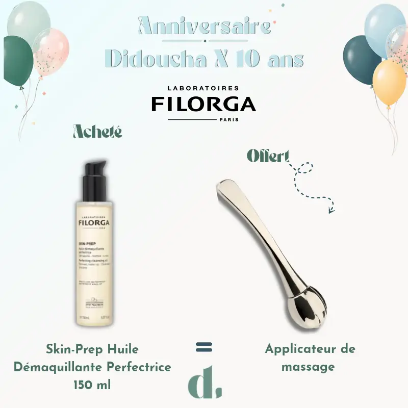 Filorga Huile Démaquillante Perfectrice 150 ml avec applicateur de massage offert offre anniversaire Didoucha 10 ans en Parapharmacie