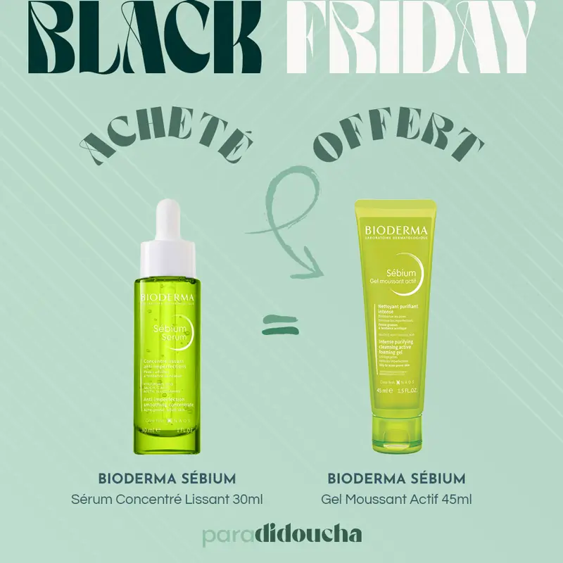 Bioderma Sébium Sérum 30ml à côté du tube de SÉBIUM Gel Moussant Actif 45ml OFFERT.