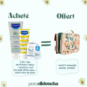 Mustela Pack Bébé 2 EN 1 GEL NETTOYAANT 200ml + MUSTELA LAIT SOLAIRE SPF50 40ML + MUSTI EAU DE SOIN+ VANITY NOMADE PASTEL OFFERT