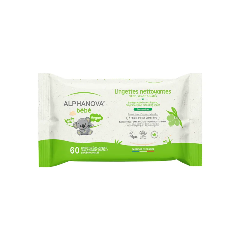 Alphanova Lingettes bébé nettoyantes sans parfum – Olive 60