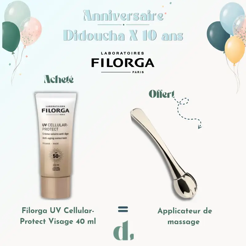 Filorga UV Cellular-Protect Visage 40 ml avec applicateur de massage offert offre anniversaire Didoucha 10 ans en Parapharmacie