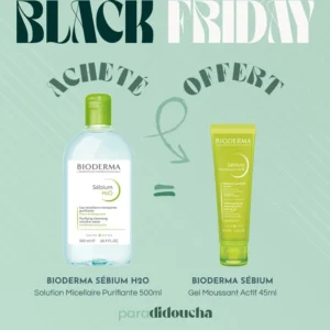 Photo du flacon de Sébium H2O Solution Micellaire Bioderma 500ml à côté du tube de SÉBIUM Gel Moussant Actif 45ml OFFERT.