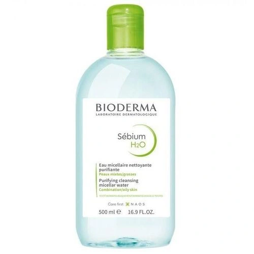 Photo du flacon de Sébium H2O Solution Micellaire Bioderma 500ml à côté du tube de SÉBIUM Gel Moussant Actif 45ml OFFERT.