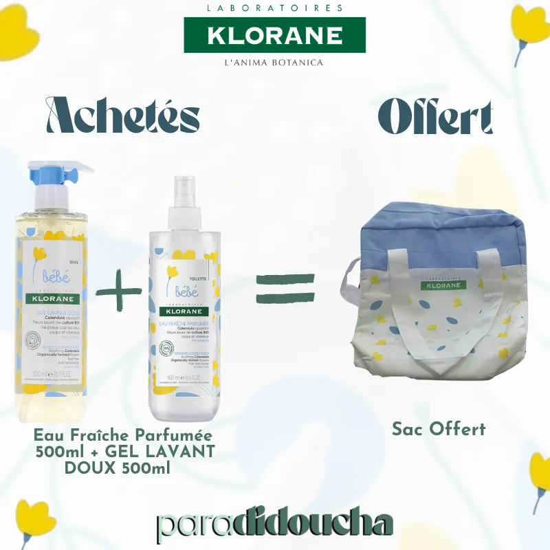 Klorane Bébé Eau Fraîche Parfumée au Calendula Apaisant 500ml+Gel Lavant Doux au Calendula 500ml