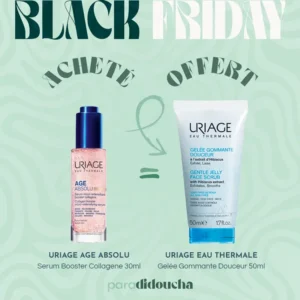 Photo du flacon de Sérum AGE ABSOLU Micro Redensifiant Uriage 30ml à côté du tube de Gelée Gommante Douceur Uriage 50ml OFFERTE.