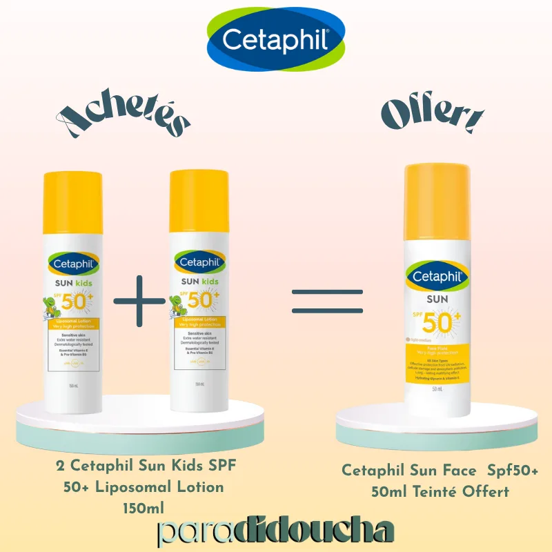 2 Cetaphil Sun Kids SPF 50+ Liposomal Lotion 150ml = Sun Face Teinté Offert