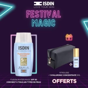 Photo du flacon de Fotoprotector Fusion Water Magic Invisible SPF50 50ml avec sa coque et l'échantillon de sérum Hyaluronic Concentrate 5ml OFFERT.