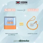 Photo du pack ISDIN Fotoprotector Invisible Stick SPF50 dans sa coque, accompagné de l'échantillon de sérum Hyaluronic Concentrate 5ml offert.