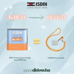 Photo du pack ISDIN Fotoprotector Invisible Stick SPF50 dans sa coque, accompagné de l'échantillon de sérum Hyaluronic Concentrate 5ml offert.