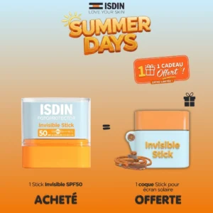 Photo du pack ISDIN Fotoprotector Invisible Stick SPF50 dans sa coque, accompagné de l'échantillon de sérum Hyaluronic Concentrate 5ml offert.