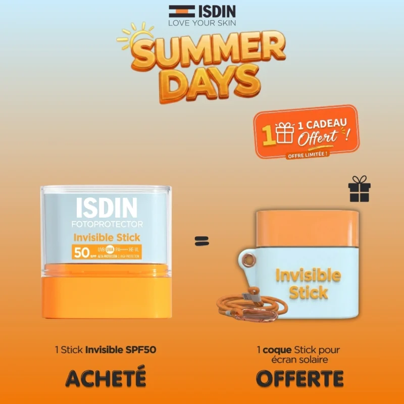 Photo du pack ISDIN Fotoprotector Invisible Stick SPF50 dans sa coque, accompagné de l'échantillon de sérum Hyaluronic Concentrate 5ml offert.