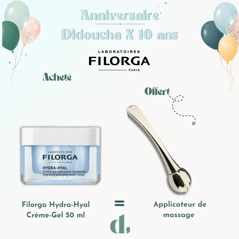 Filorga Hydra-Hyal Crème-Gel 50 ml avec applicateur de massage offert offre anniversaire Didoucha 10 ans en Parapharmacie