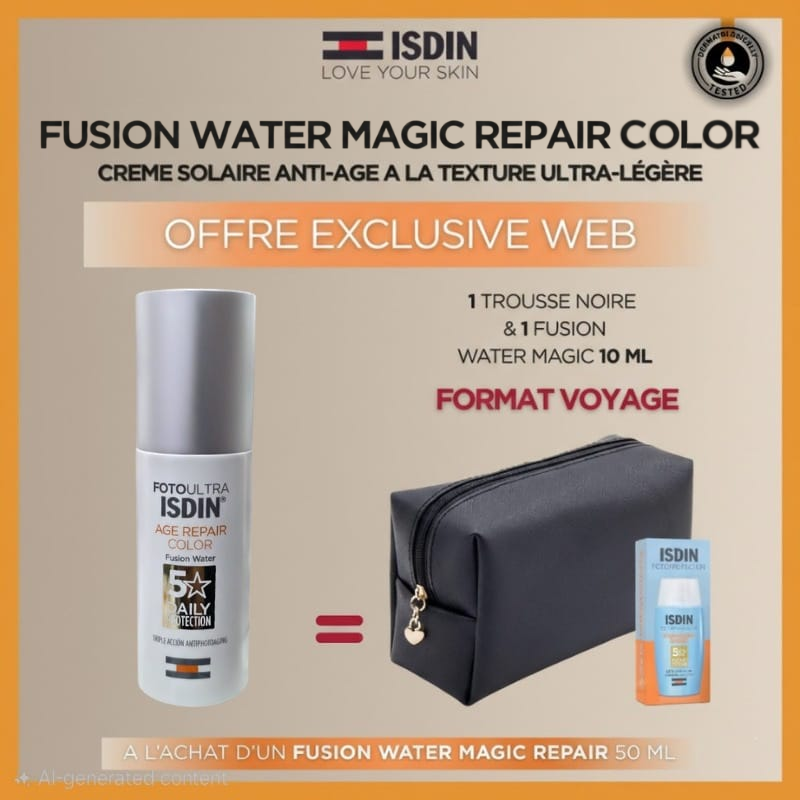 Photo du Pack ISDIN Foto Ultra Age Repair Fusion Water Invisible SPF50 50ml avec les deux échantillons Magic Repair 2ml OFFERTS à côté.