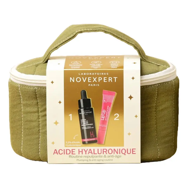 Photo du Coffret Novexpert contenant le Sérum Booster à l'Acide Hyaluronique 30ml et le Lip'Up Volumateur 8ml OFFERT.