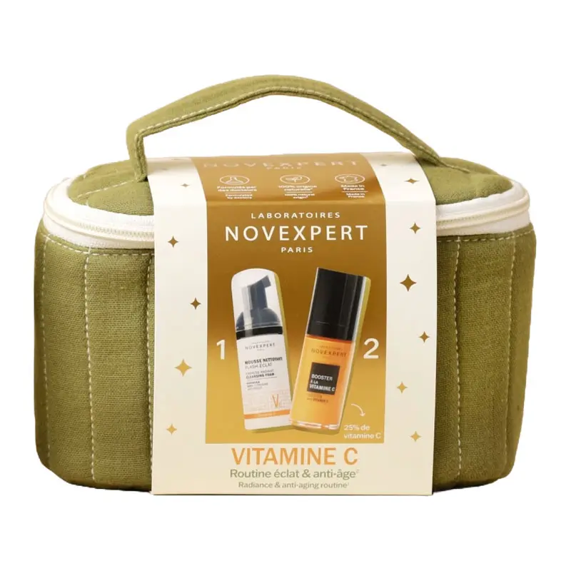Photo du flacon de Sérum Booster Vitamine C Novexpert 30ml et du tube de Mousse Nettoyante Flash Éclat 40ml OFFERTE.