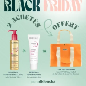 Photo du flacon de Bioderma SENSIBIO Huile Micellaire 150ml, du tube de SENSIBIO Forte Soin Apaisant 40ml, et du Tote Bag Bioderma OFFERT.