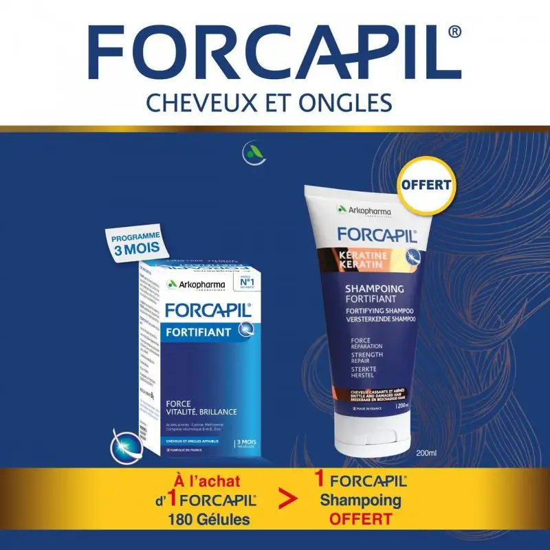 Forcapil Cheveux et Ongles Pack 180 Gélules + Shampoing 200ml - Complexe Kératine Zinc Vitamines B pour force et brillance