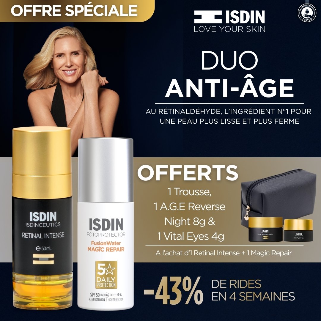 Routine Anti-Âge Rétinol ISDIN comprenant le sérum Retinal Intense et le solaire Age Repair avec vanity offerte