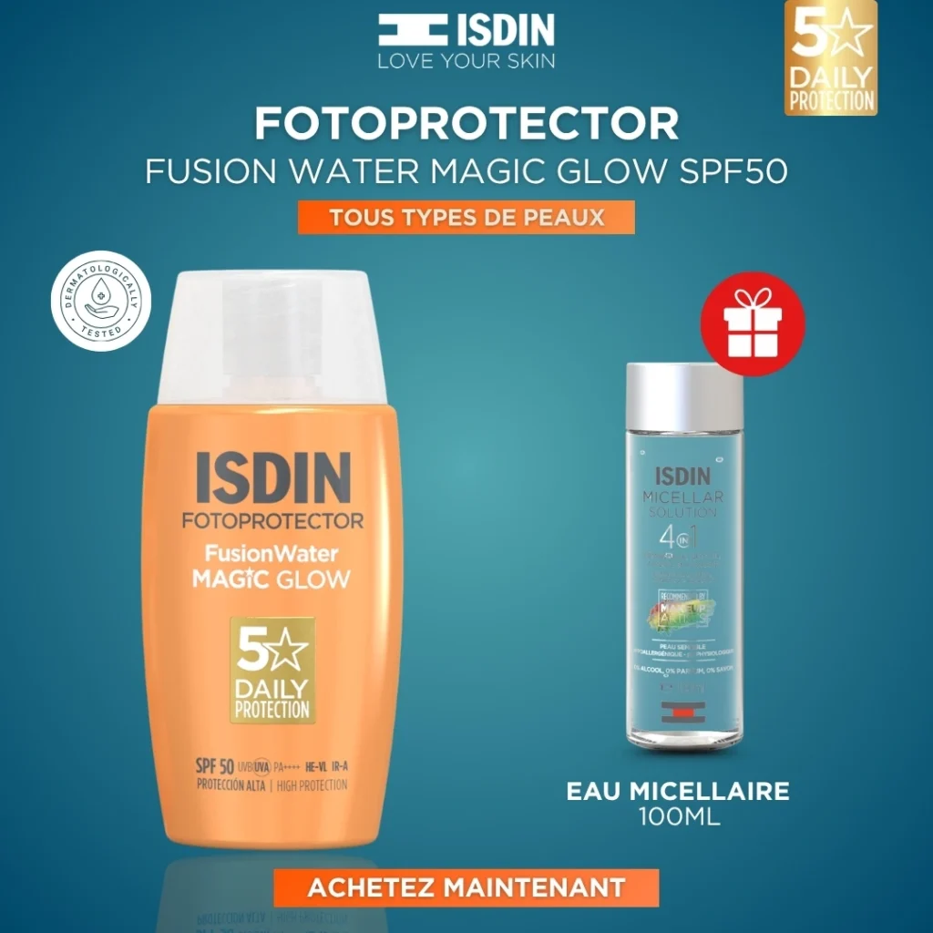 Écran Solaire Effet Glow ISDIN Fusion Water Magic Glow SPF50 pour un teint éclatant et protégé