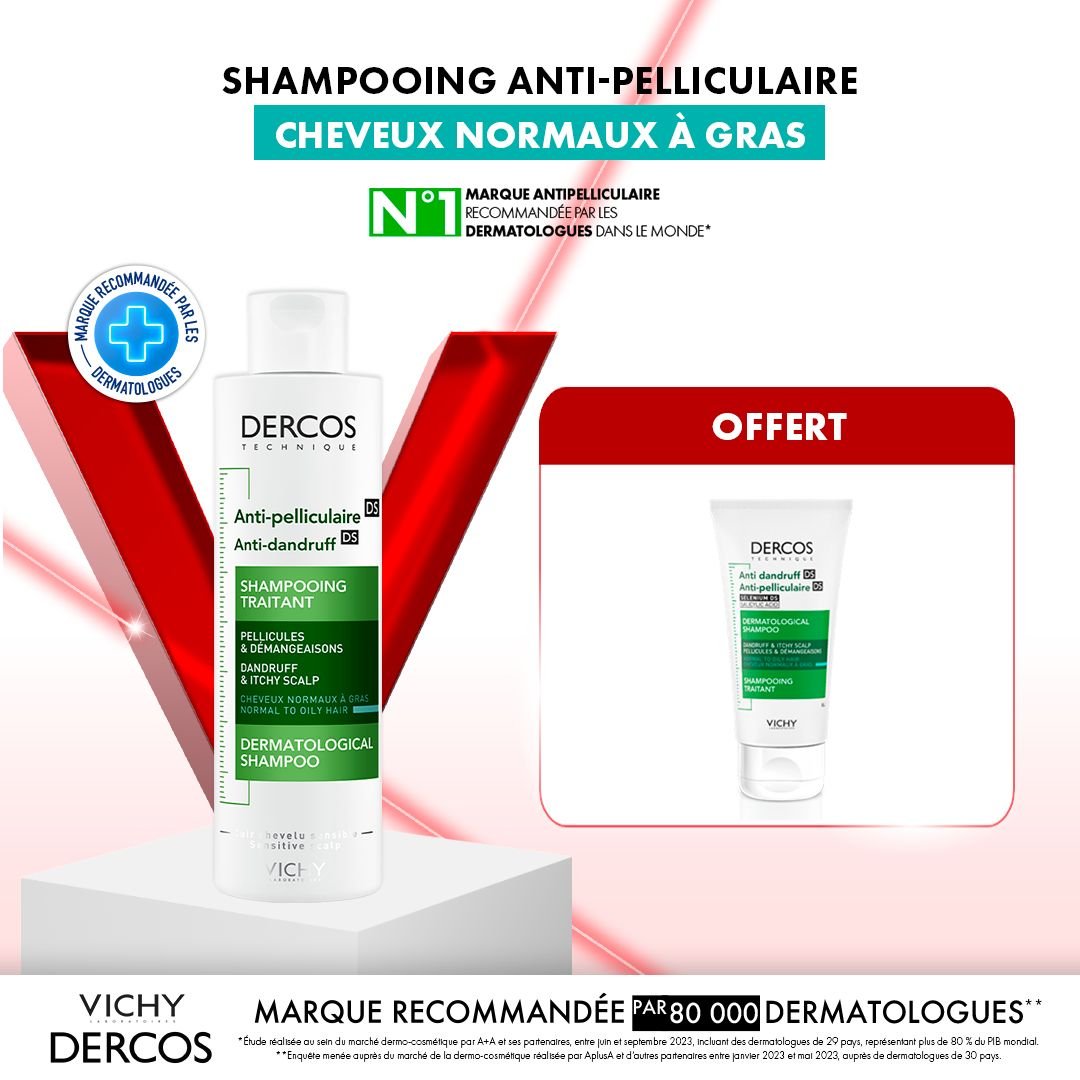 Shampooing Anti-Pelliculaire Cheveux Gras Vichy Dercos DS au Sélénium pour éliminer 100% des pellicules
