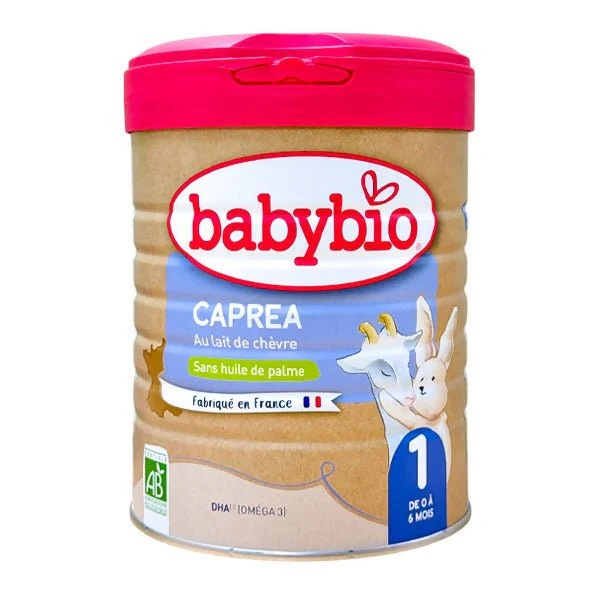 Boîte de lait de chèvre bio Babybio Caprea 1 pour nourrissons de 0 à 6 mois, fabrication française.