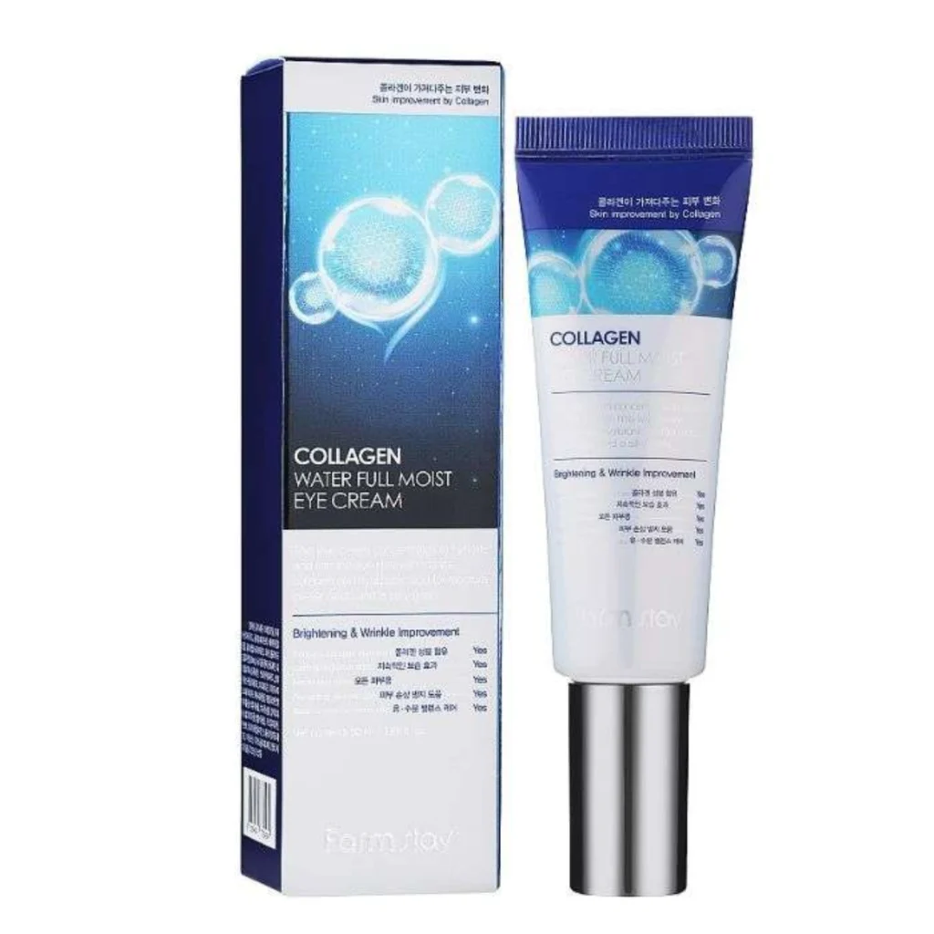 Crème Yeux au Collagène. Tube de crème contour des yeux Farmstay au collagène et niacinamide pour un regard lissé et hydraté.