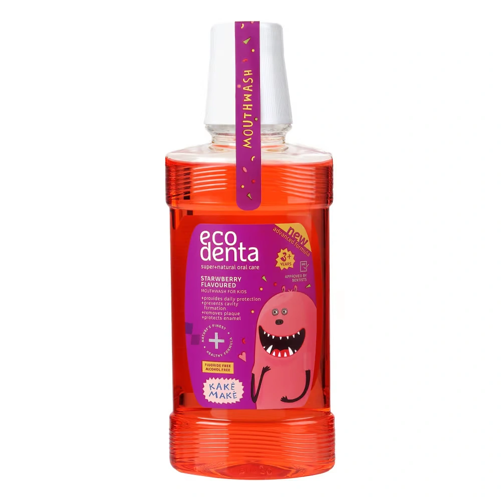 Flacon de bain de bouche Ecodenta Kake Make saveur fraise pour enfants à partir de 3 ans.
