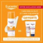 Soin Solaire Anti-Taches Eucerin Pigment Control SPF 50+ avec miniatures offertes pour la réduction des taches.