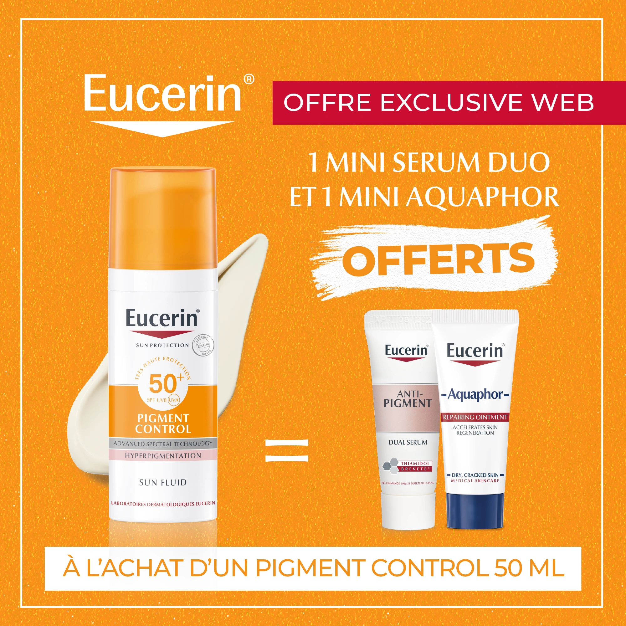 Soin Solaire Anti-Taches Eucerin Pigment Control SPF 50+ avec miniatures offertes pour la réduction des taches.