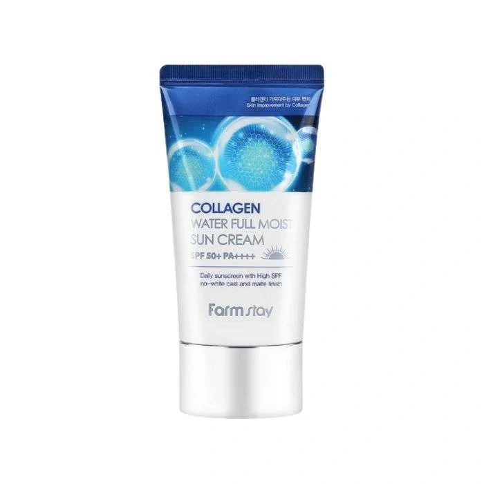 farmstay-collagen-water-full-moist-creme-solaire-au-collagene-spf50-50g Tube de crème solaire hydratante au collagène marin Farmstay avec une très haute protection SPF 50+