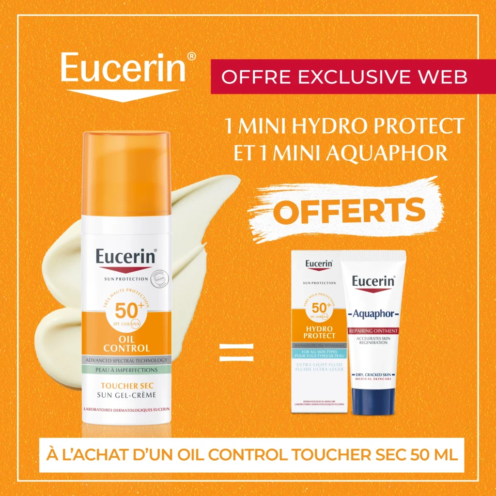 Offre web Eucerin Oil Control Crème Solaire Toucher Sec SPF 50+ avec miniatures offertes pour peaux grasses.
