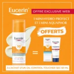 Offre web Eucerin Oil Control Crème Solaire Toucher Sec SPF 50+ avec miniatures offertes pour peaux grasses.