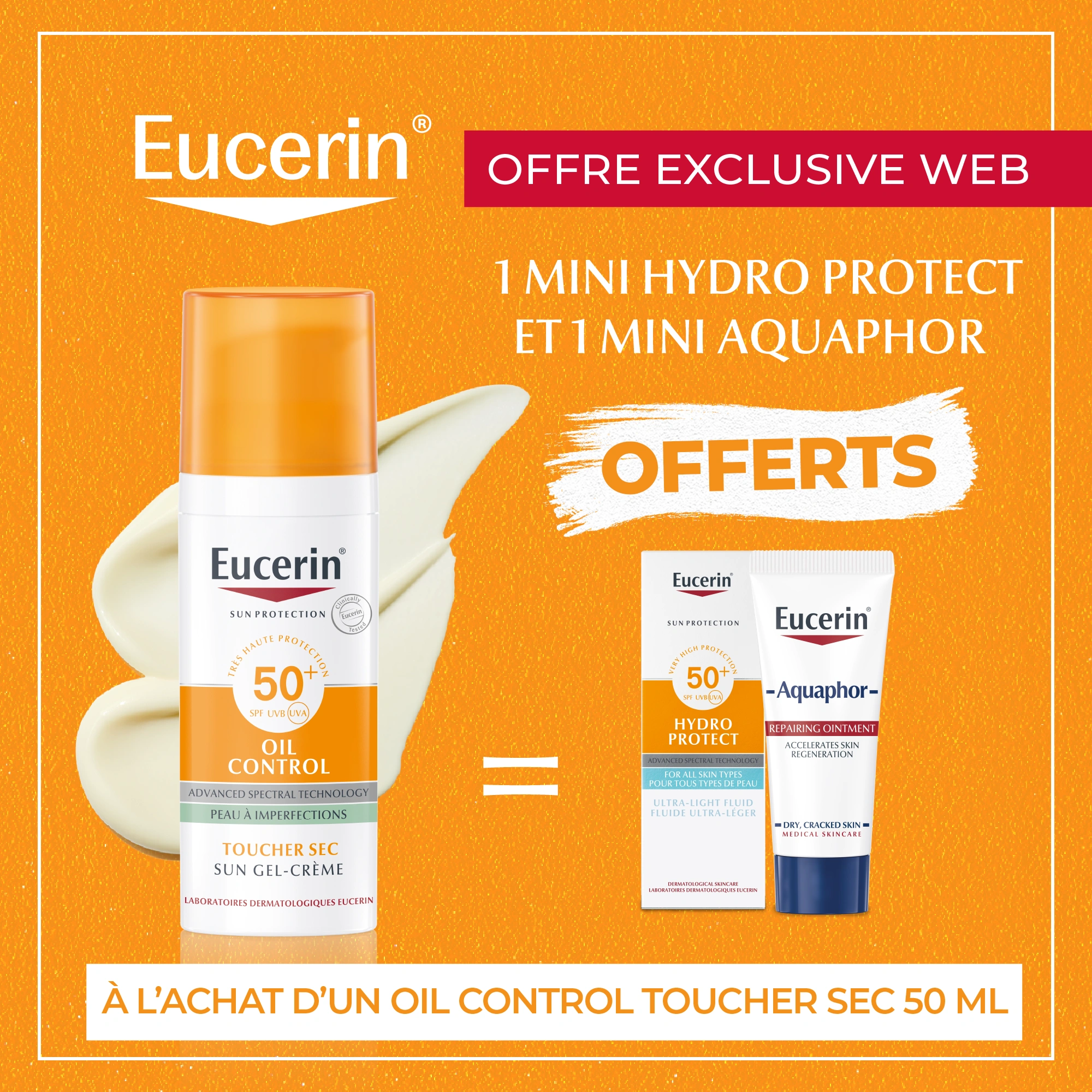 Offre web Eucerin Oil Control Crème Solaire Toucher Sec SPF 50+ avec miniatures offertes pour peaux grasses.