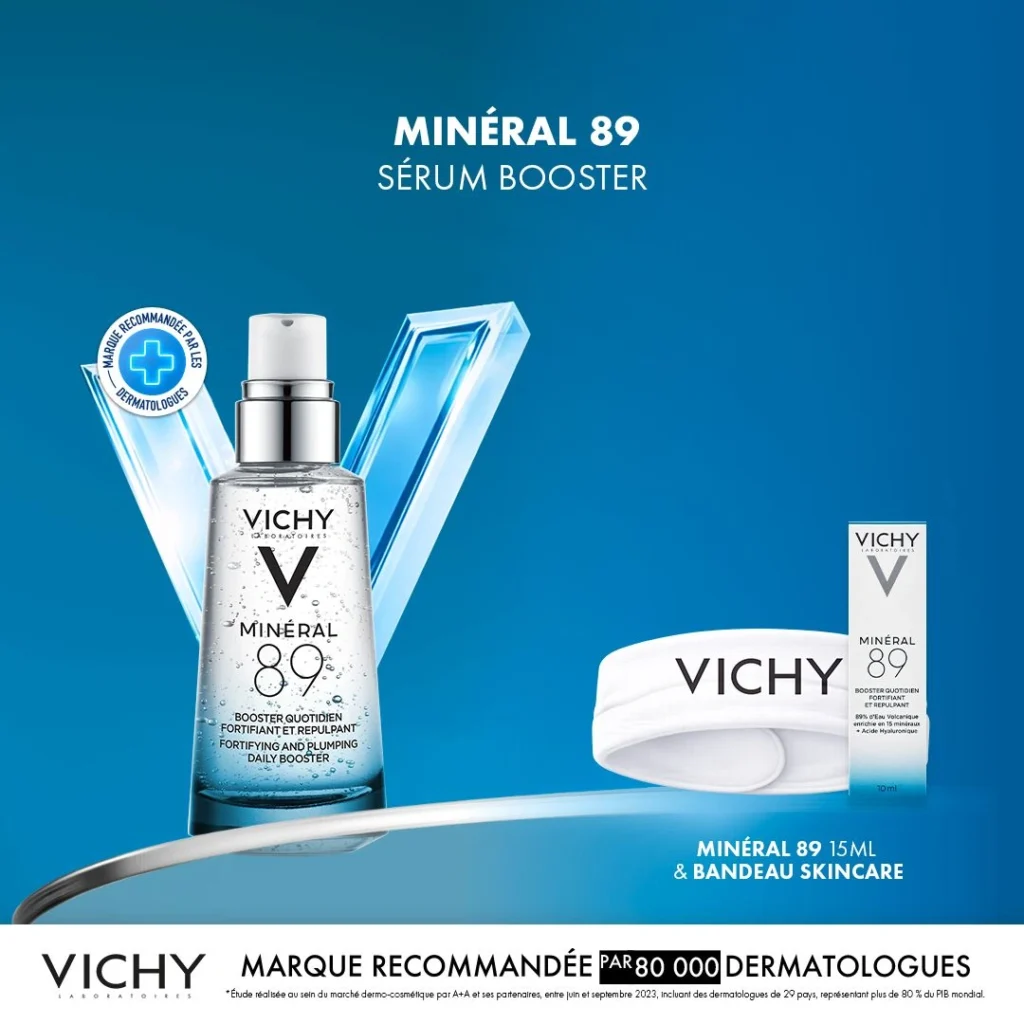 Pack VICHY Booster Quotidien Fortifiant Minéral 89 avec format 15ml et bandeau Skincare offerts.