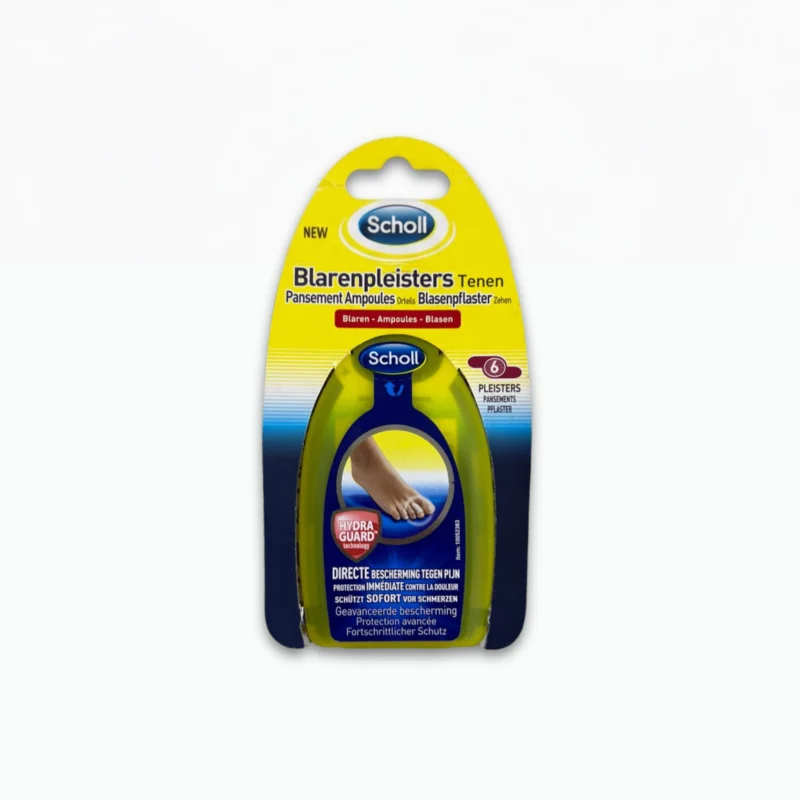 scholl-pansements-ampoules-orteils-hydra-guard-x6 Boîte de Pansements Ampoules Orteils Scholl pour ampoules sur les orteils avec technologie Hydra-Guard, format de 6 unités.
