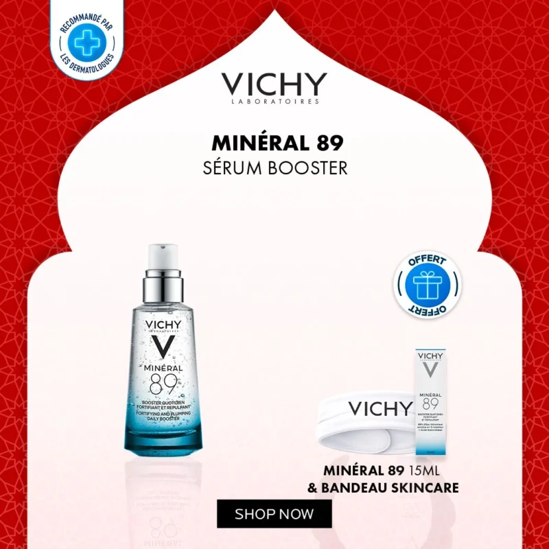 Pack VICHY Booster Quotidien Fortifiant Minéral 89 avec format 15ml et bandeau Skincare offerts.